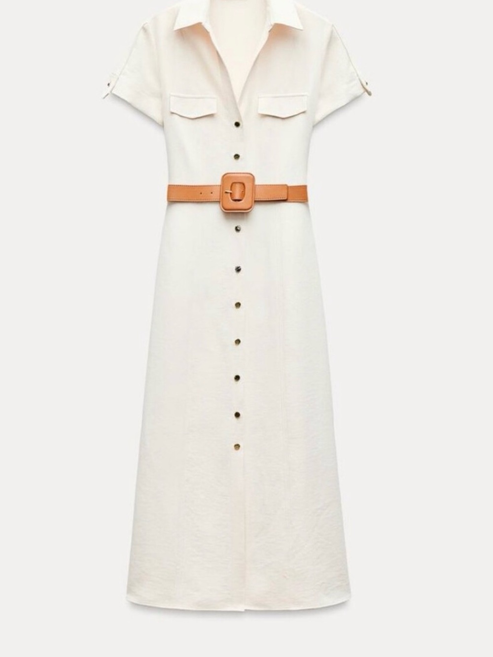 Zara Classic Shirt Dress with Tan Belt - Women's Cream Dress